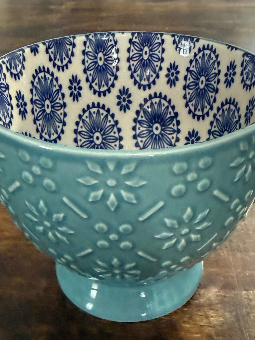 Teal Signature Housewares Embossed Stoneware Mug with Blue Patterned Interior - Picture 4 of 9